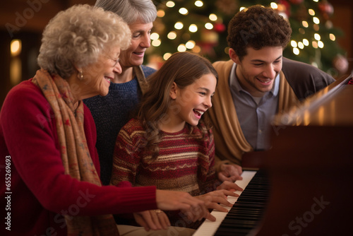Generations gathered around a piano, playing and singing holiday songs, showcasing the love and creation of musical family traditions, love and creation