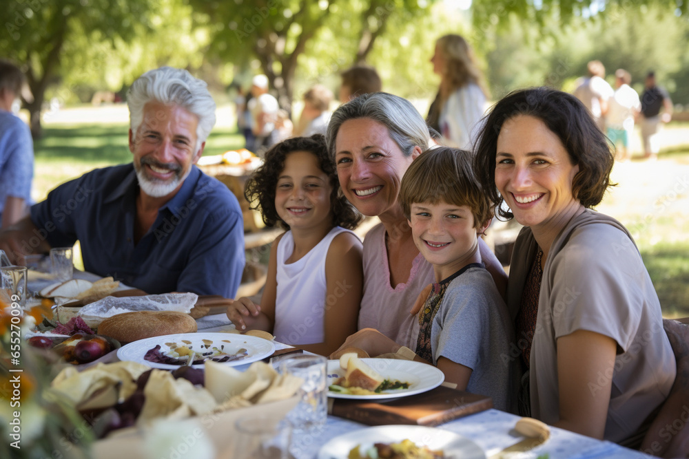 A multi-generational picnic in a scenic park, complete with a homemade feast, love and creation