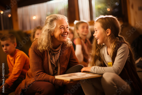 A generational storytelling session, with grandparents sharing family history and traditions with the younger generation, love and creation photo
