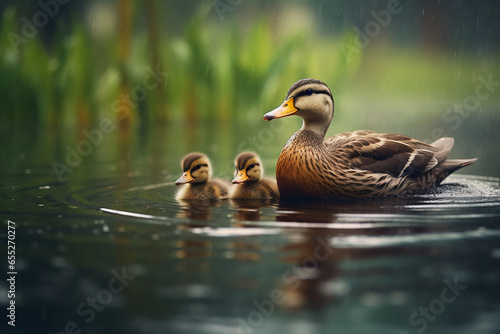 Harmonious Duck Family: Tranquil Late Afternoon Rain Enriches Pond Swim