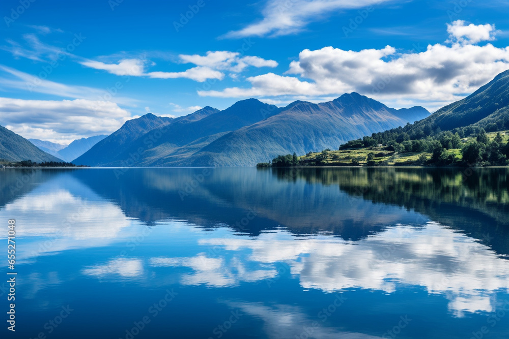 The serene beauty of a calm lake reflecting a mountain range, expressing the love and creation of tranquil natural vistas, love and creation