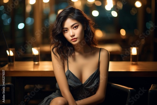 Seductive Korean or Japanese asian girl in a date wearing a sexy evening dress, sitting in a restaurant terrace by night, professional dating photography, Horizontal format 3:2