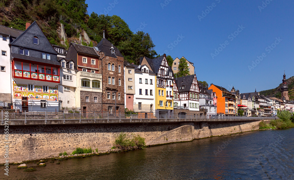 Traditional half-timbered houses on the banks of the Moselle River in Cochem.
