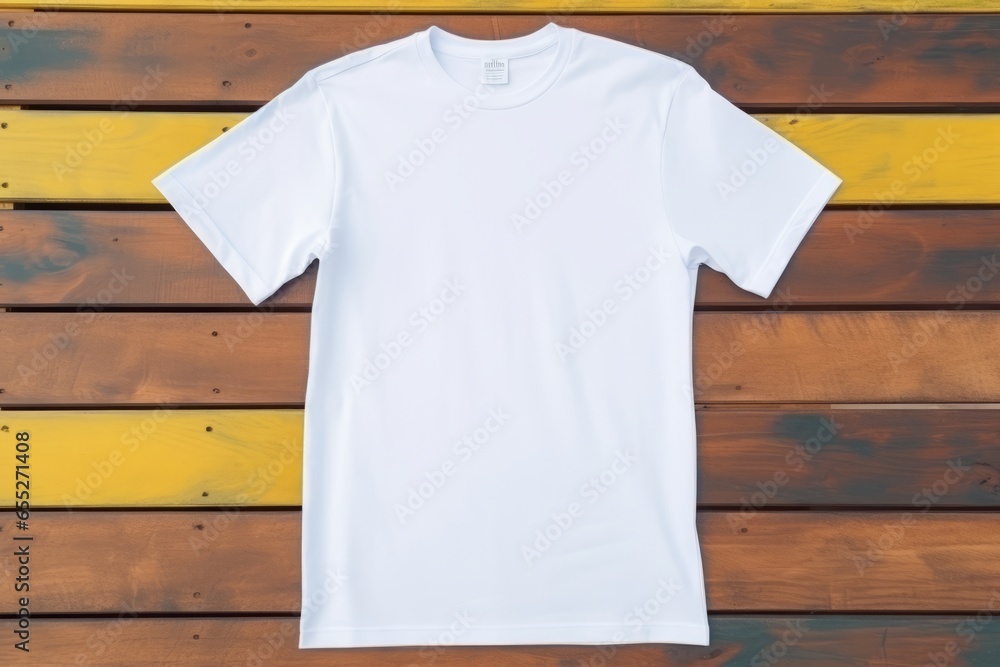 White blank t-shirt on wooden background. Mockup for design flat lay. Blank t-shirt clothes template in neutral color.
White blank t-shirt on wooden background. Mockup for design flat lay. Blank t-shirt clothes template in neutral color.