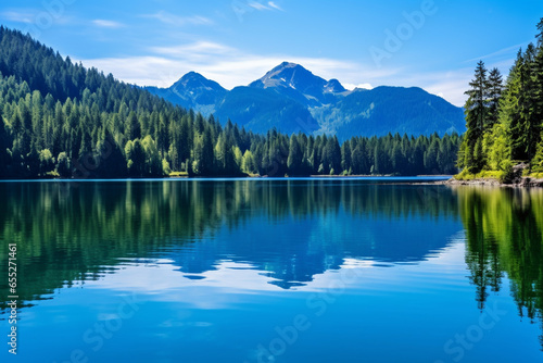 The serene beauty of a calm lake reflecting a mountain range, expressing the love and creation of tranquil natural vistas, love and creation