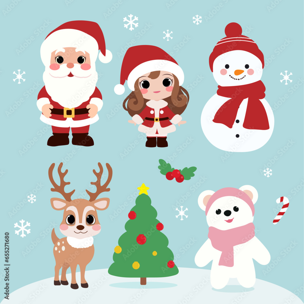 A set of Christmas characters, including Santa Claus, a snowman, a reindeer, a Christmas tree, and a polar bear.