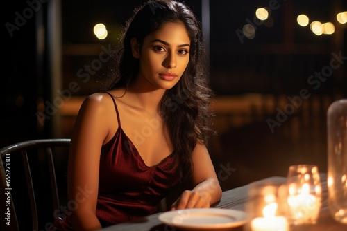Feminine young Indian lady in a date, sitting in a restaurant terrace by night with candles, professional dating app photography, Horizontal format 3:2