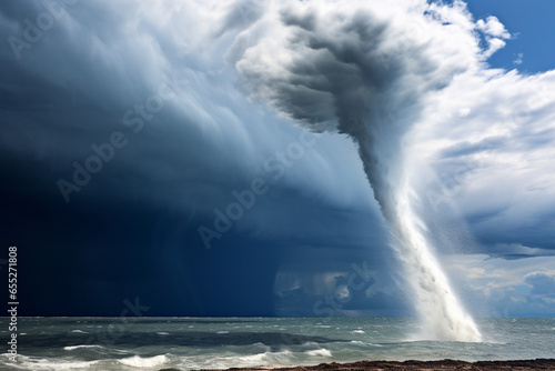 A powerful waterspout reaching down from a storm cloud to touch the ocean's surface, showcasing the unique interaction of air and water, love and creation