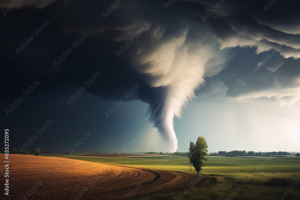 A tornado's funnel cloud reaching down towards a serene countryside, showcasing the stark contrast between nature's fury and tranquility, love and creation