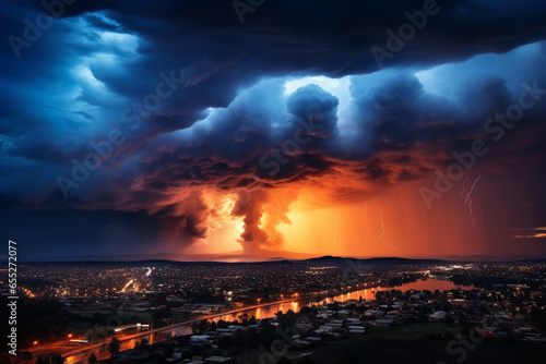 The ethereal beauty of storm clouds illuminated by the glow of a distant city, capturing the interplay between urban and natural lighting, love and creation