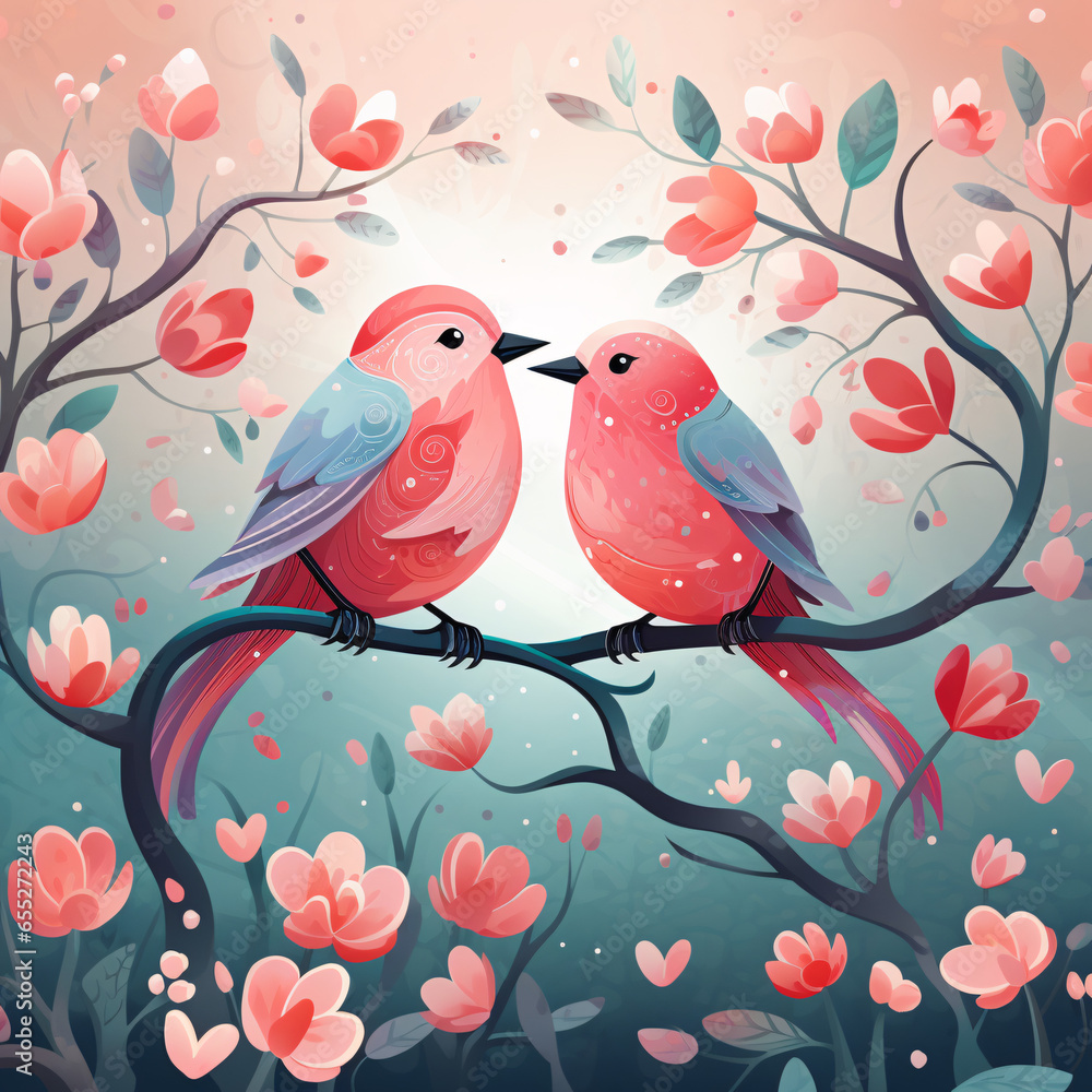 Valentine's Bloom: In a Forest of Rich Reds and Pinks, Lovebirds Perch on a Heart-Shaped Branch, Surrounded by a Whimsical Dance of Flowers and Leaves