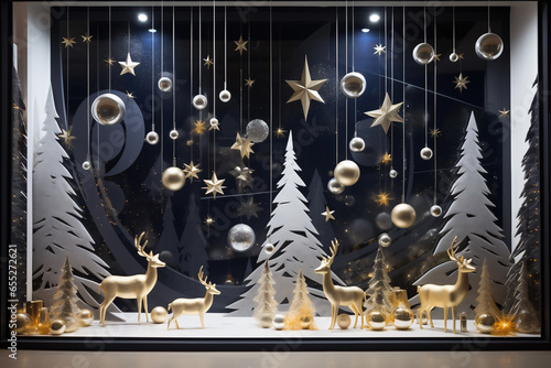 Shop Window with festive white golden Christmas decorations idea. AI Generative
