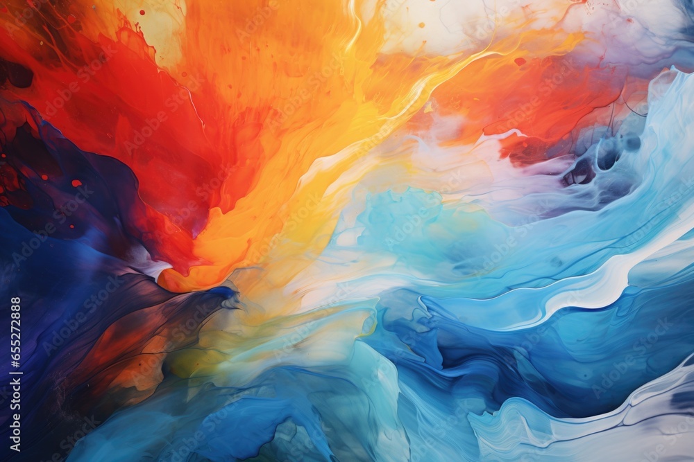 An abstract painting of a vibrant wave in shades of red, orange, blue, and white. This artwork can add a pop of color and energy to any space.