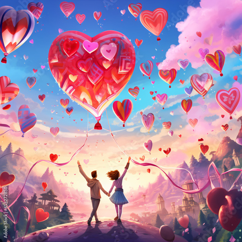 Love s Radiant Journey  A Couple s Dreamy Adventure Amidst Heart-Shaped Balloons in a Valentine s Sky of Playful Pinks  Bright Reds  and Enchanting Purples