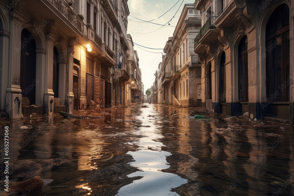 Flooded streets after a heavy rain in the evening in a city.
