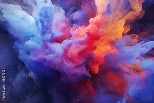 A vibrant and captivating close-up image of a cloud of colorful smoke. This visually striking picture can be used in a variety of creative projects, adding an element of intrigue and dynamism. © Fotograf