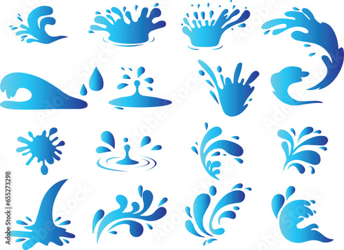 Water drops  black sea ocean waves stencil  Liquid elements  cry droplet icons  Ink  sauce  river isolated splashes in blue color on white background