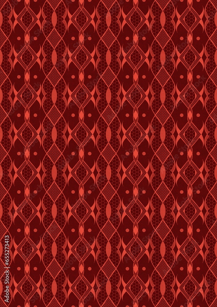 Hand-drawn unique abstract symmetrical seamless ornament. Bright red on a deep red background. Paper texture. Digital artwork, A4. (pattern: p12f) Hand-drawn unique abstract symmetrical seamless ornament. Bright red on a deep red background. Paper texture. Digital artwork, A4. (pattern: p12f)