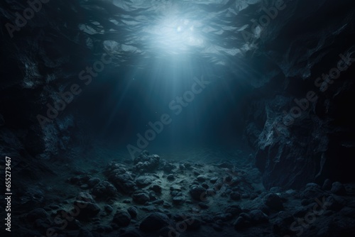 A picture of a dark cave with a beam of light shining through the water. This image can be used to depict mystery  exploration  or the beauty of nature.