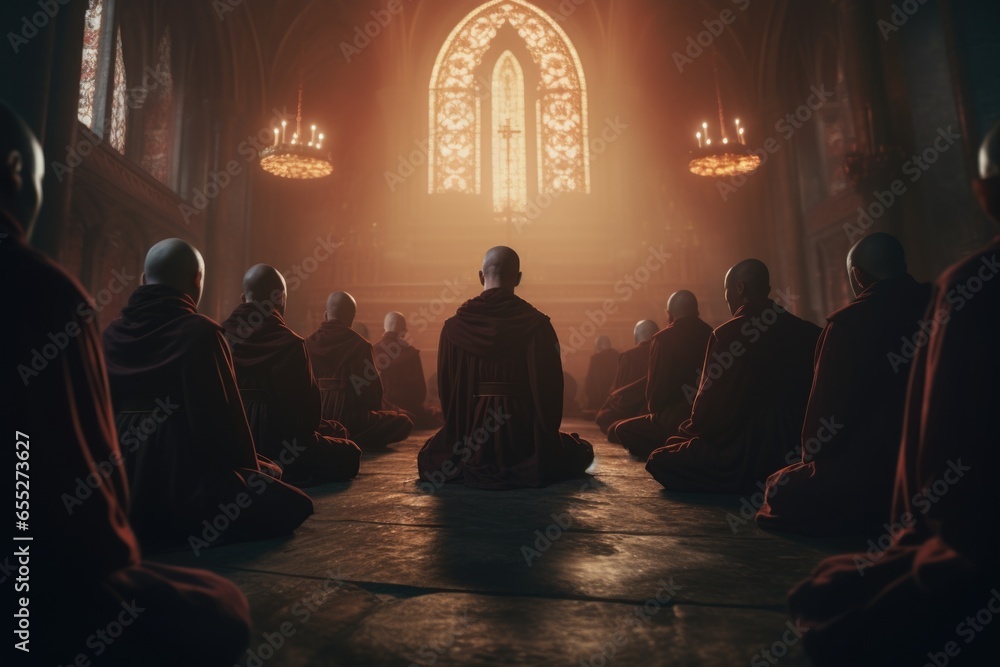 A group of monks sitting in front of a beautiful stained glass window. This image can be used to depict spirituality, religious practices, or peaceful contemplation. Ideal for websites, blogs, and pub - obrazy, fototapety, plakaty 