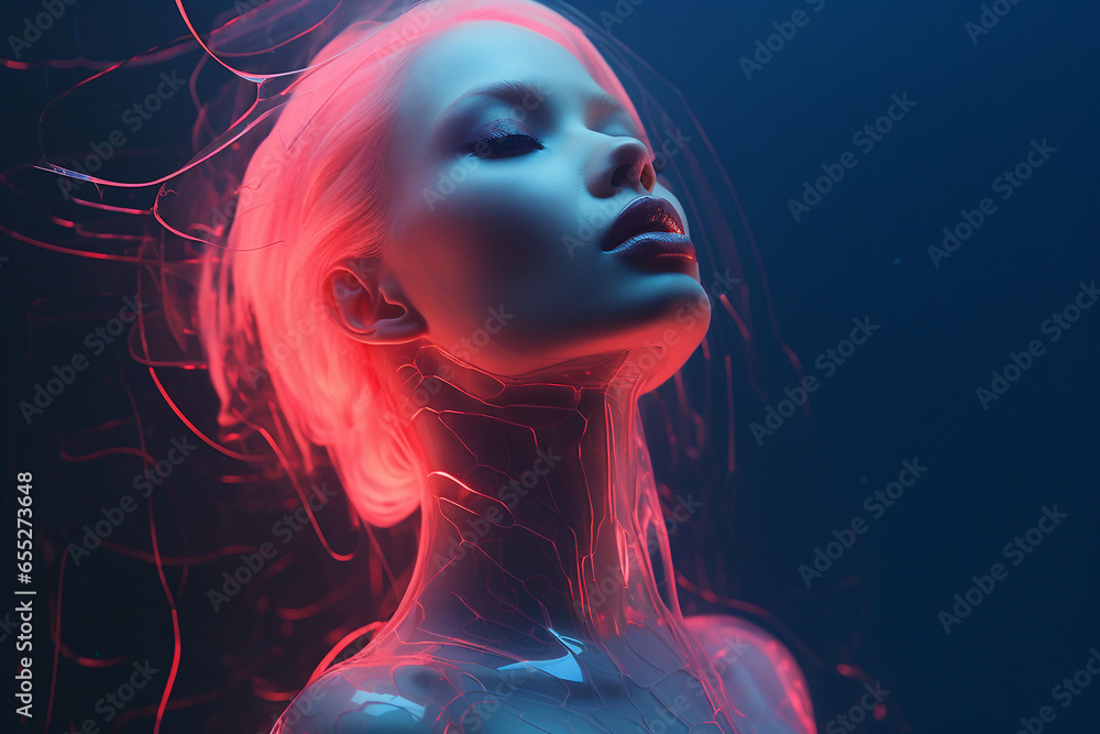 Sci-fi, fantasy, beauty, fashion concept. Sci-fi very beautiful and sexy looking woman close-up portrait. Futuristic style with neon colored light. Model clothing made from plastic. Generative AI