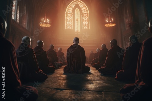 A group of monks sitting in front of a beautiful stained glass window. This image can be used to depict spirituality, religious practices, or peaceful contemplation. Ideal for websites, blogs, and pub