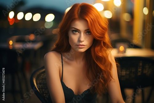 Seductive young Irish redhead feminine woman in a date, sitting in a restaurant terrace by night, professional dating app photography, Horizontal format 3:2