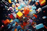 A vibrant and dynamic image capturing a bunch of colorful cubes flying through the air. This versatile picture can be used to add a pop of color and energy to various creative projects.