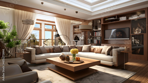 Professional interior design contains bright roof TV sofa and modern wood in classic style, brown and white color combination