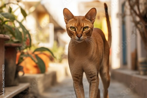 A cat is seen walking down a street next to a potted plant. This image can be used to depict urban life or the interaction between animals and nature.