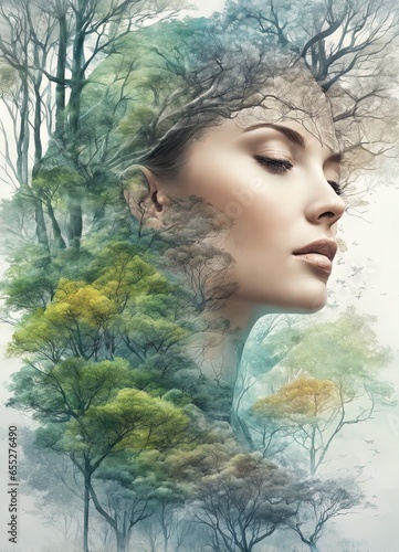 digital composite of a young woman with fantasy forest background digital composite of a young woman with fantasy forest background portrait of beautiful girl with green leaves on the background of a 