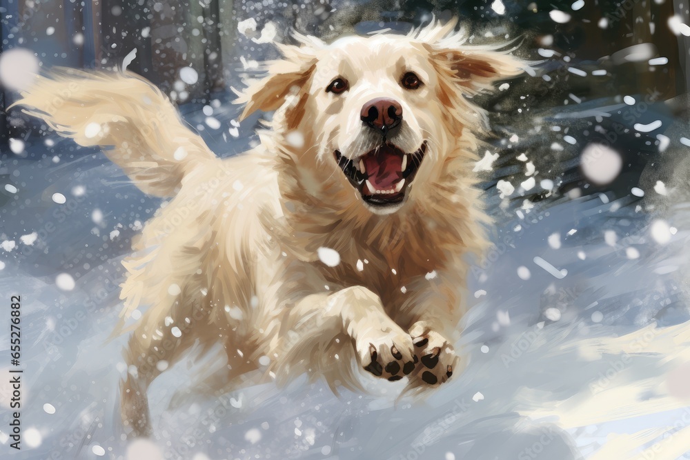 A joyful dog leaping amidst falling snowflakes. A cozy illustration that captures the spirit of Christmas