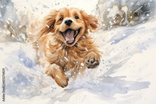 A dog's joyful leap into a pile of freshly fallen snow. Watercolor illustration