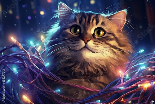 Cat tangled in Christmas lights, with a mischievous expression on its face. A whimsical illustration