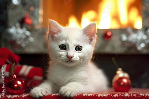A white kitten wearing a red sparkly bow sitting in front of a fireplace. Christmas holiday photo
