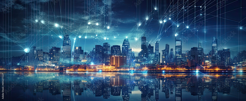 Big data connection technology. Cityscape telecommunication and communication network concept. Smart city and digital transformation. Big data connection technology. Cityscape telecommunication and communication network concept. Smart city and digital transformation.