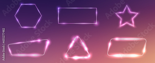 Set of six neon frames with shining effects