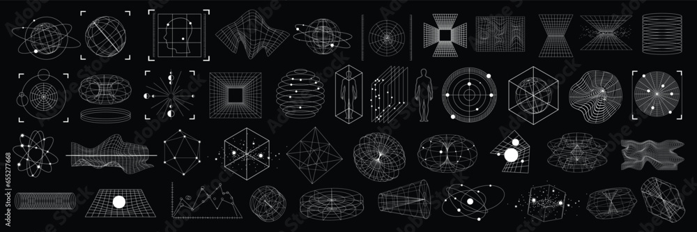 © Oleksandra - 3D cyberpunk grid u2k wireframe shape set, vector warp retro futuristic geometric icon collection. Vintage science mathematic perspective frame, techno blueprint object kit globe. Futuristic wireframe