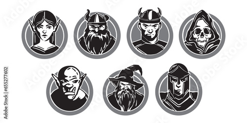 Fantasy character silhouette avatar, vector medieval RPG game role classes icon set, magic wizard. Female elf face, warrior knight fighter, troll, viking head, fairy tale orc, death. Fantasy character