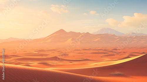 Desert landscape with sand dunes at sunset. 3d render