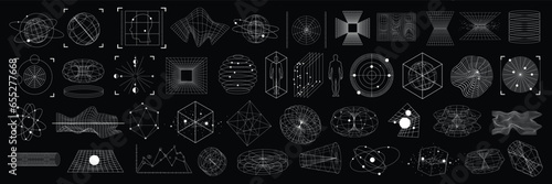 Fotografie, Obraz 3D cyberpunk grid u2k wireframe shape set, vector warp retro futuristic geometric icon collection