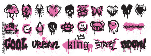 Spray graffiti element vector set, can brush drip splatter smiling kit, urban street black grunge. Hand writing stain splash, heart silhouette airy ink stroke and circles. Spray graffiti dark clipart