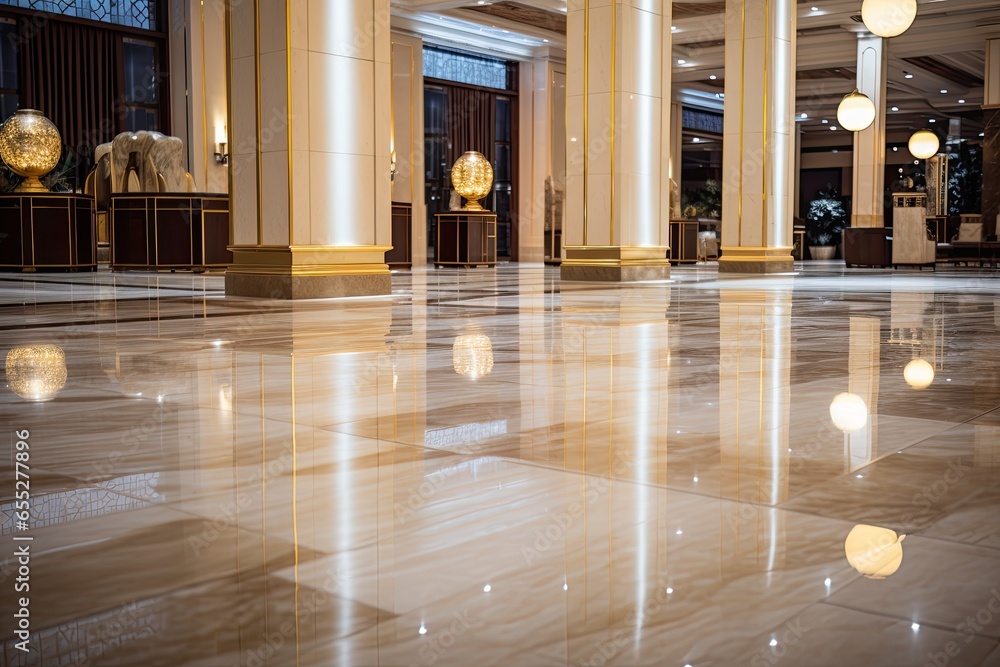 The floors are luxurious, light tones, and sunlight shines in.