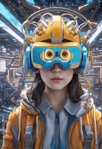 young woman wearing virtual helmet young woman wearing virtual helmet woman in virtual goggles. futuristic technology. 3d illustration