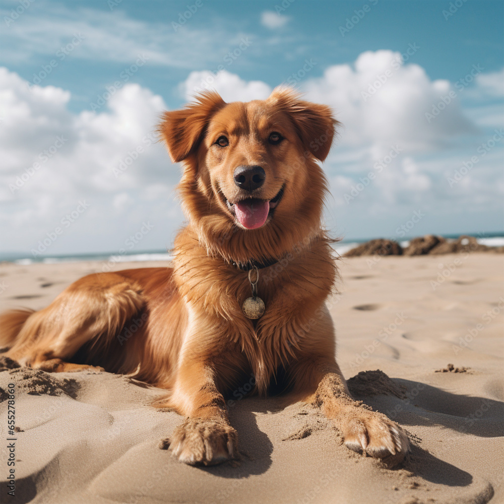 Photograph dog portrait on the beach on a sunny day with clouds in the background