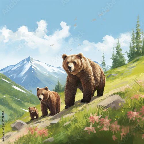 Illustration of family of bears; mama bear, and two cubs in the mountains