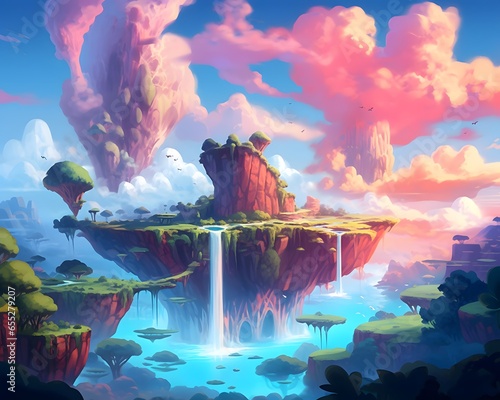 Fantasy landscape with a waterfall in the water. 3d illustration