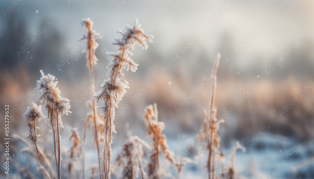 : Winter Atmospheric Landscape with Frost-Covered Dry Plants : Winter Atmospheric Landscape with Frost-Covered Dry Plants