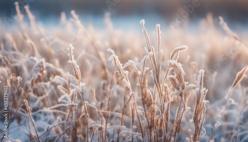   Winter Atmospheric Landscape with Frost-Covered Dry Plants