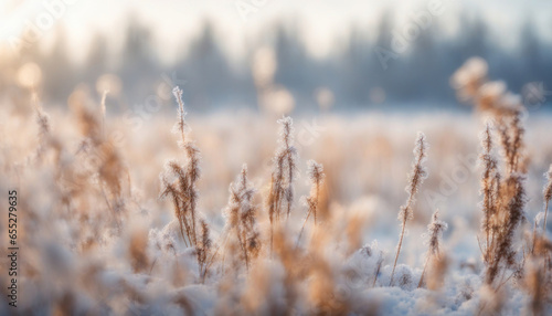 : Winter Atmospheric Landscape with Frost-Covered Dry Plants